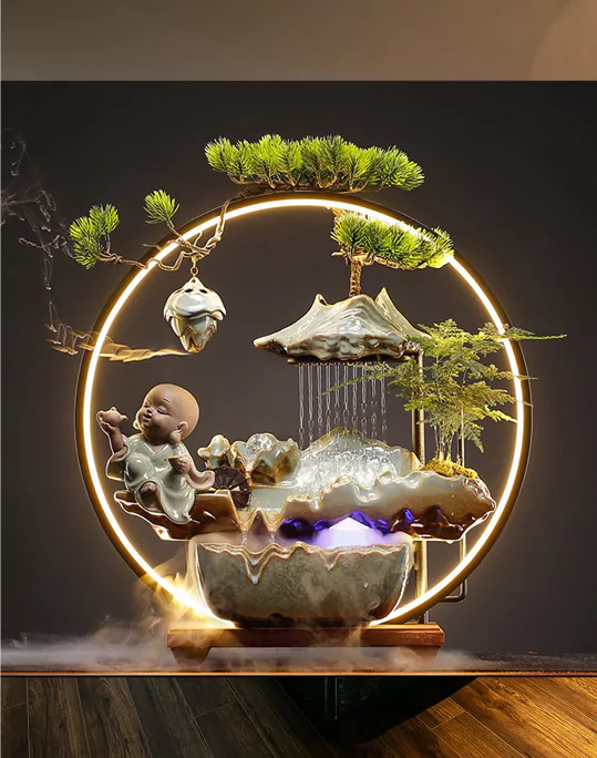 Tabletop feng shui waterfall with Buddha statue and incense smoke for decoration (5)